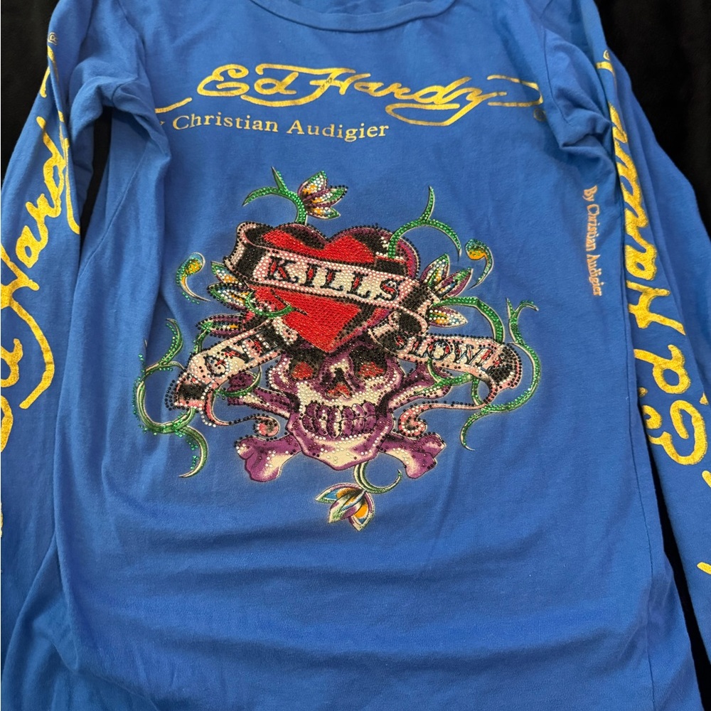 Ed Hardy Blue Tee with Gold Accents